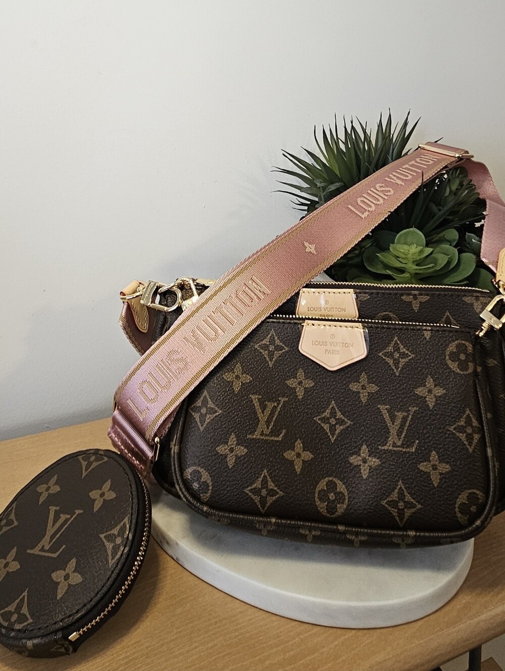 Designer Inspired Brown Monogram Crossbody with Pink Signature Strap